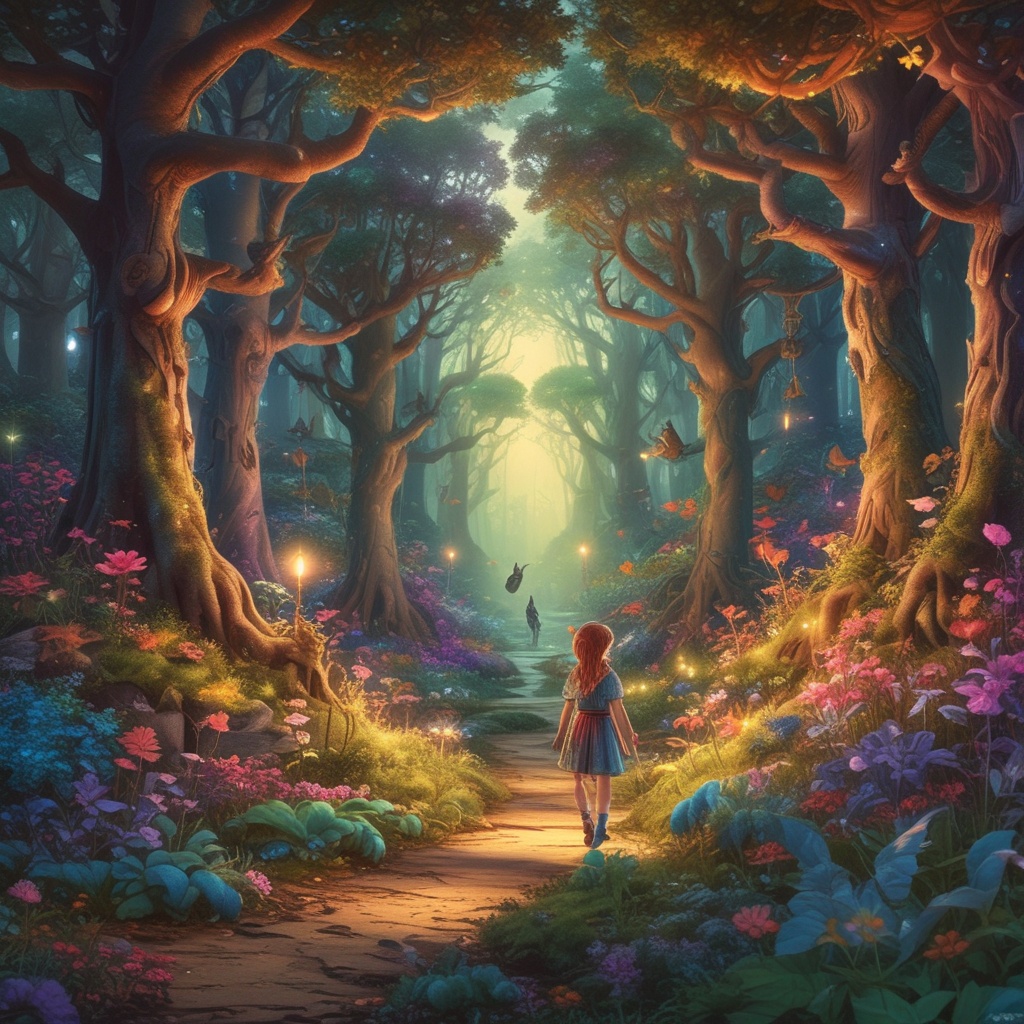 Colorful enchanted forest with Elara the elf in the foreground